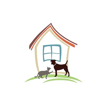 cartoon image, cat, dog, house