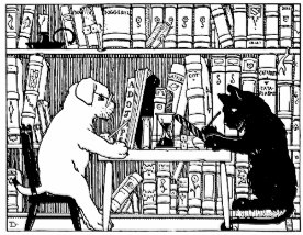 cat and dog sitting at library table