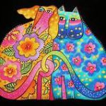 Colorful cat and dog with tails intertwined