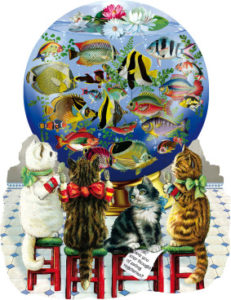 Cats observing fish on a globe