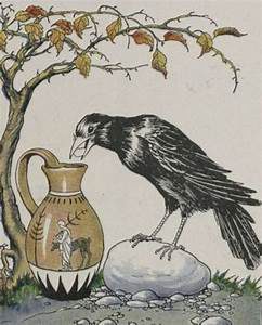 crow dropping rocks in pitcher