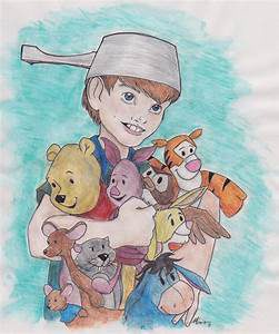 Christopher Robin carrying his toy animals