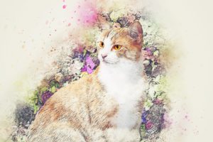 Drawing, seated cat with flowers around it.
