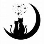 silhouette of two cats sitting close together on moon