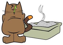 cartoon of cat, clothespin on nose, by smelly cat box