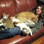 woman on sofa, 3 cats laying on her