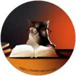 drawing of small cat with glasses, paws on open book