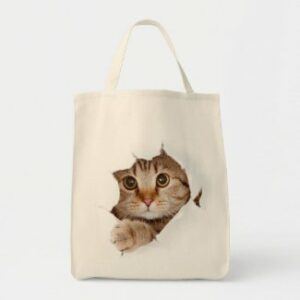 Cat looking out hole in tote bag