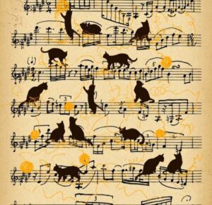 many black cats on music staff