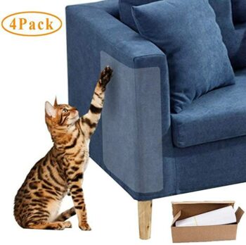 Cat scratching at sofa corner with shield