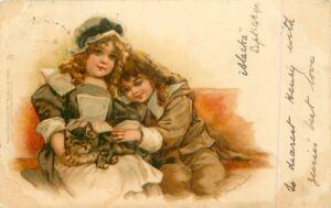 Old-fashioned post card: two little girls, sitting, one with cat on lap