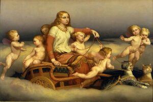 freya & cherubs, pulled in wagon by two cats