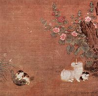 Japanese art featuring cats and flowers