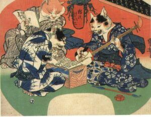 Japanese art: Cats playing and singing