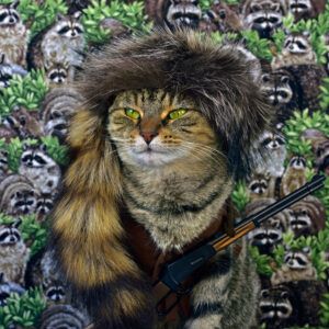 Cat in coonskin cap; rifle