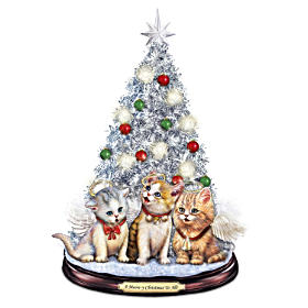 Silver Christmas tree for table; 3 cats at base