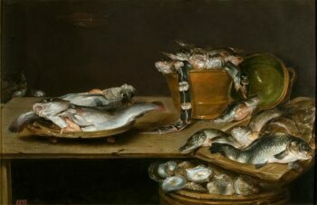Table of fish; cat at corner of table