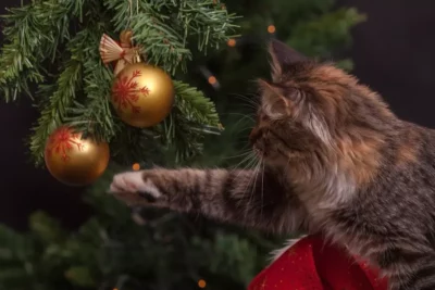 Grey tiger cat batting at Christmas ornament