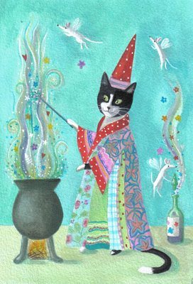 Cat in magician's hat and robe over cauldron