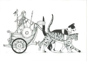 Drawing of Freyja, chariot pulled by two cats