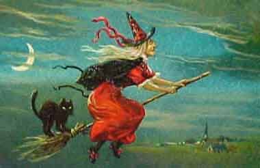 Witch and black cat riding broom