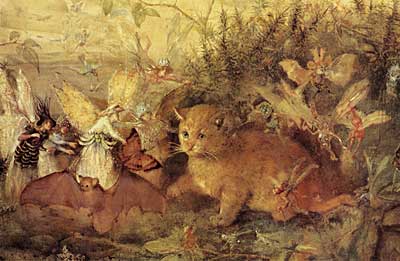 Cat seated among fairies