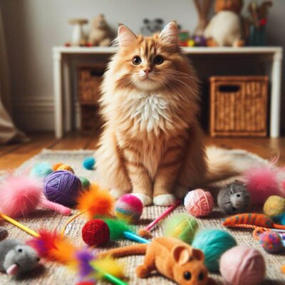 Orange cat with lots of toys