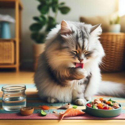 grey cat with bowl of food