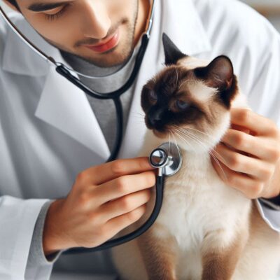 Vet examining Siamese cat