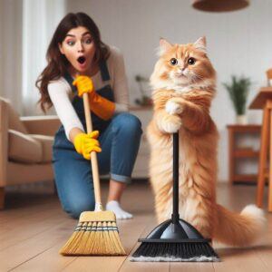Cat helping with sweeping