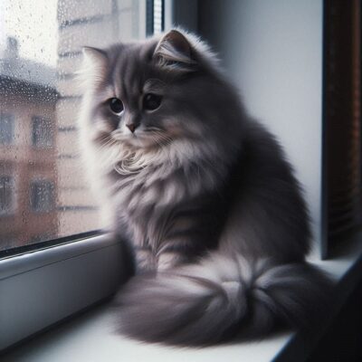 small fluffy cat looking sad