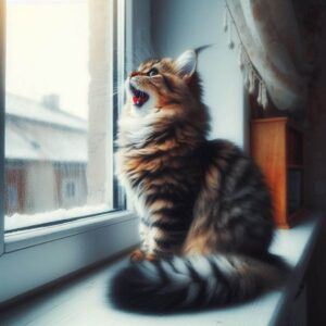 tiger cat in window vocalizing