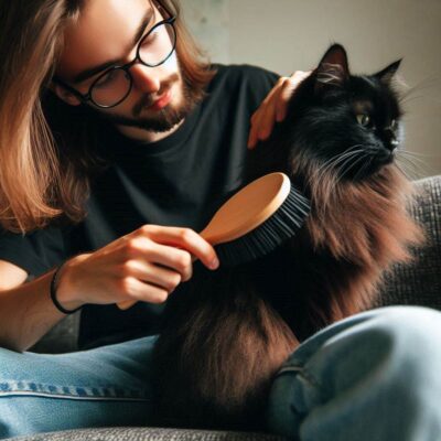 Man brushing cat