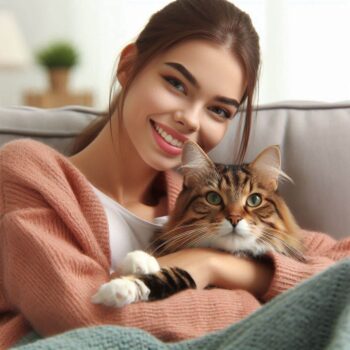 woman holding cat and smiling