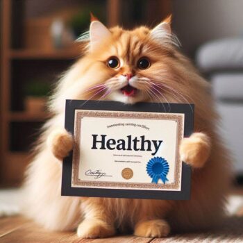 Cat holding "Healthy" sign