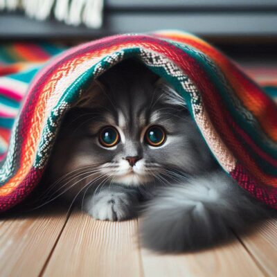 Cat hiding under rug