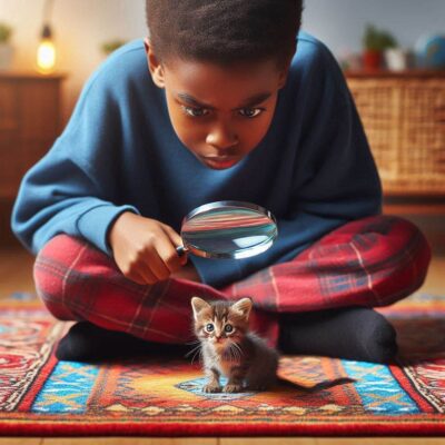 Boy examining kitten through magnifying glass