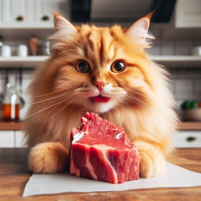 Cat eating raw meat