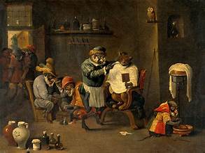 Teneer painting: Barbershop with Monkeys and Cats