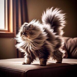 Grey fluffed-out cat, ready to fight