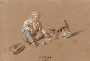 Painting from Gogelmann collection: child playing with cat