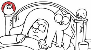 Cartoon: cat draped across man's head in bed